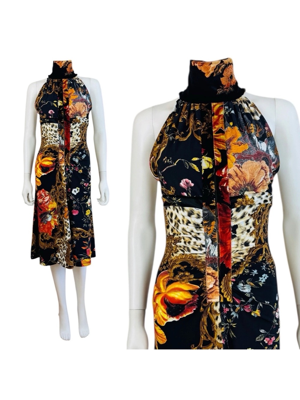 Roberto Cavalli FW25 Vintage Black Floral Keyhole Cutout Halter Midi Dress